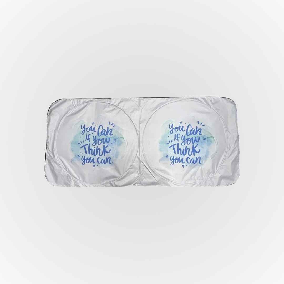 White bandeau top with blue motivational quote on a white background